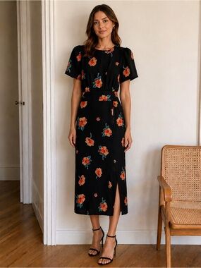 Little Mountain Midi Dress with Orange Blooms with Flutter Sleeves size Medium